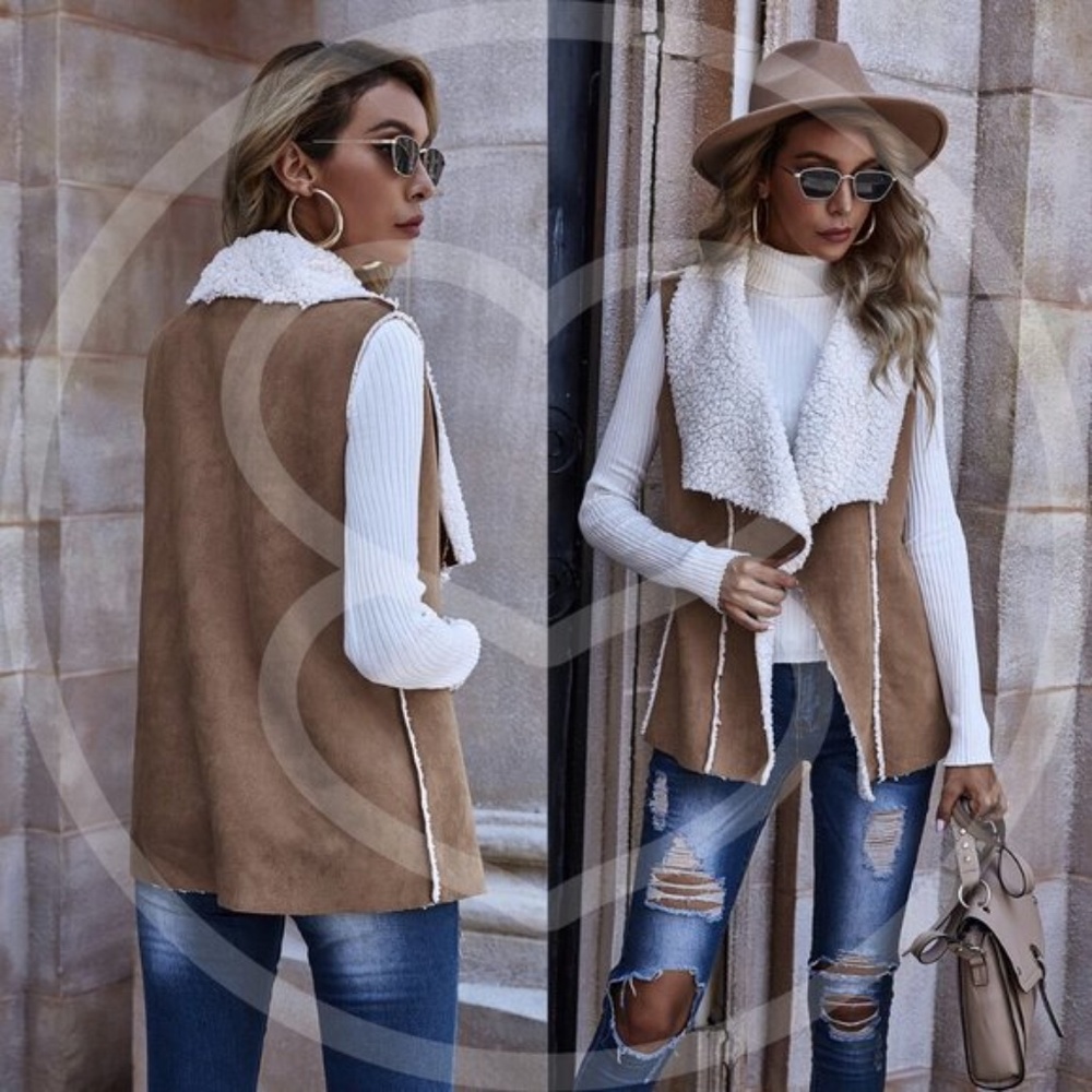 Sherpa reversibl vegan shearling Suede vest jacket - Picture 2 of 4